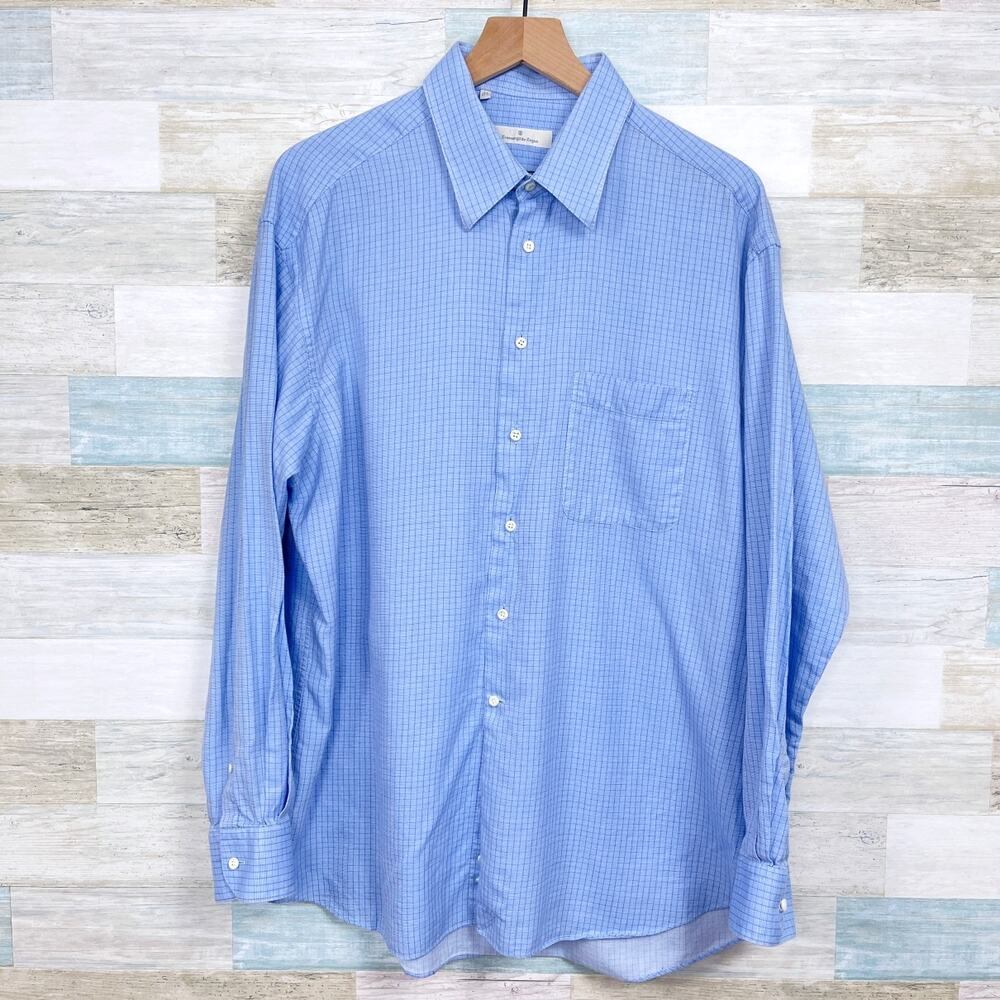 Ermenegildo Zegna Micro Check Point Collar Dress Shirt Blue Career Mens 44 17.5